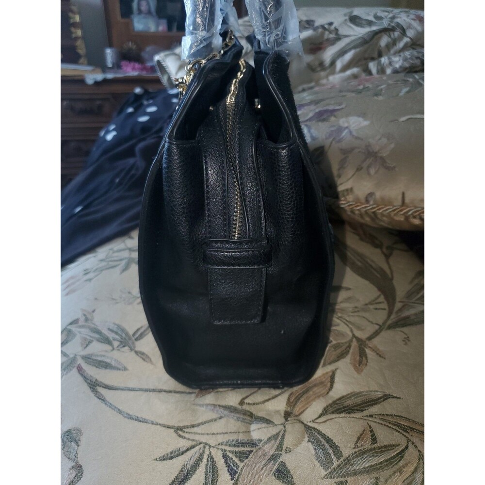 NWT Carol Brodie Black Leather & Haircalf Satchel with Gold Lucky Charms - Picture 3 of 16